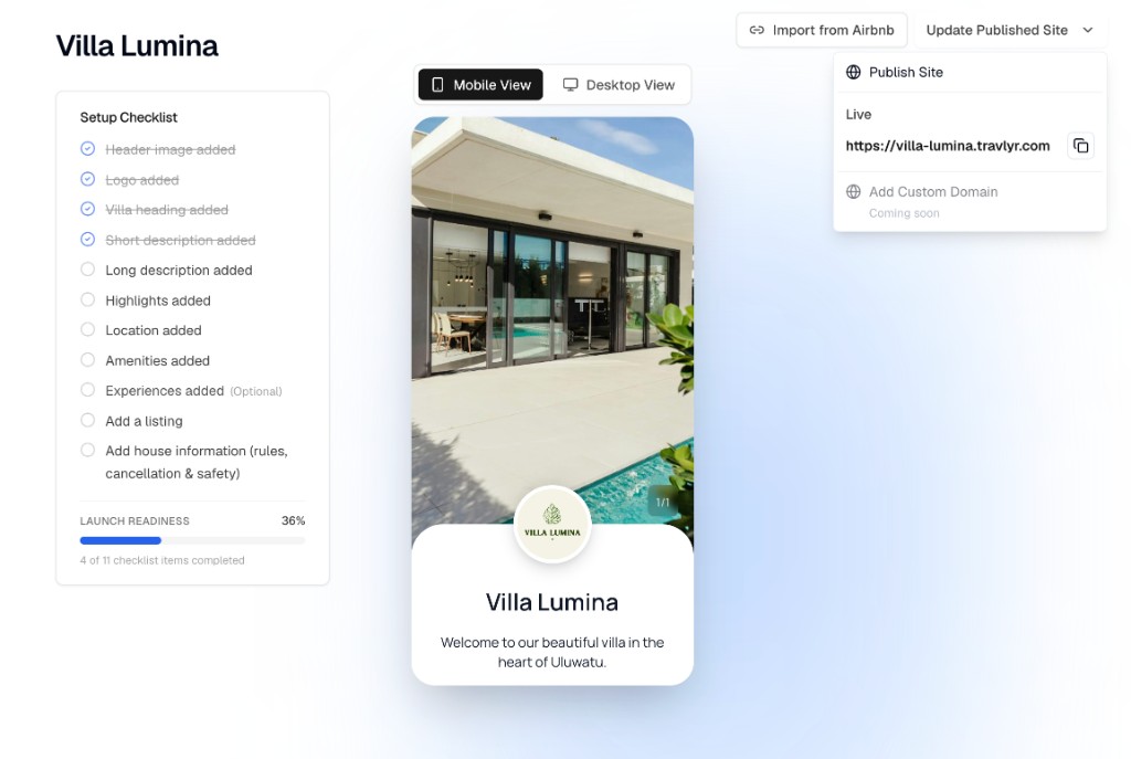Villa Lumina branded booking page preview on Travlyr